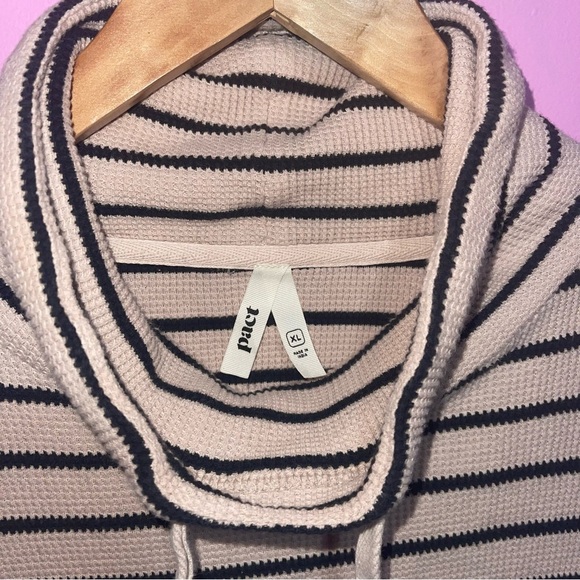 Pact Sweater Women's Size Extra Large Tan Black Striped Waffle Cowl Neck Cotton - Picture 5 of 7